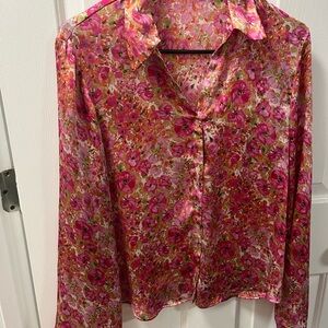 Pink and Red Ruffled Long Sleeve Blouse with Notched Collar